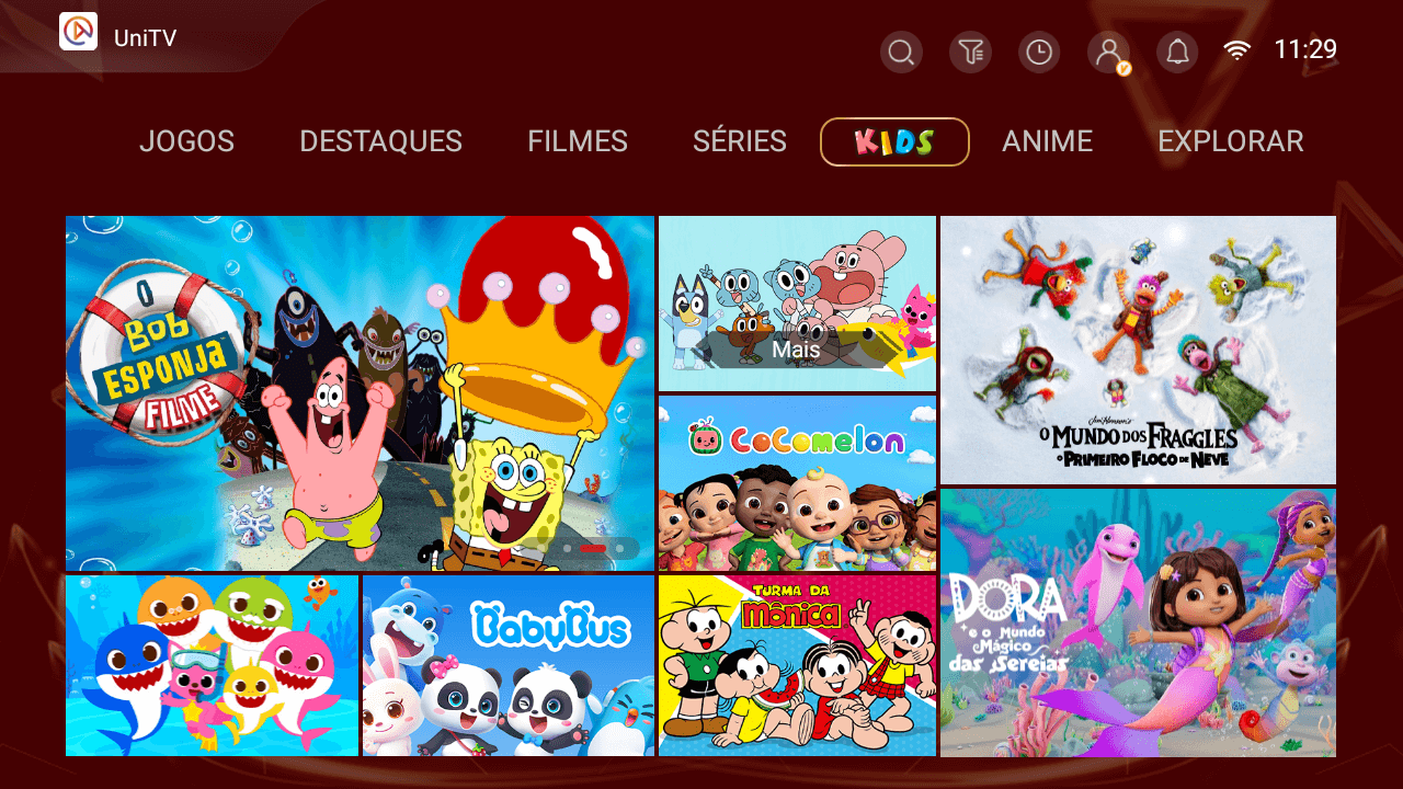 Tela Kids do app UniTV: grade de desenhos e programas infantis com capas coloridas.