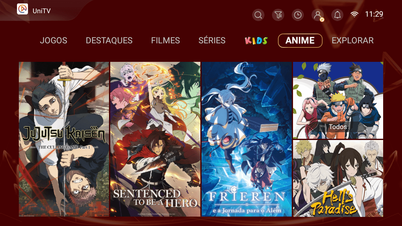 Tela de animes do app UniTV: quatro pôsteres de animes lado a lado.
